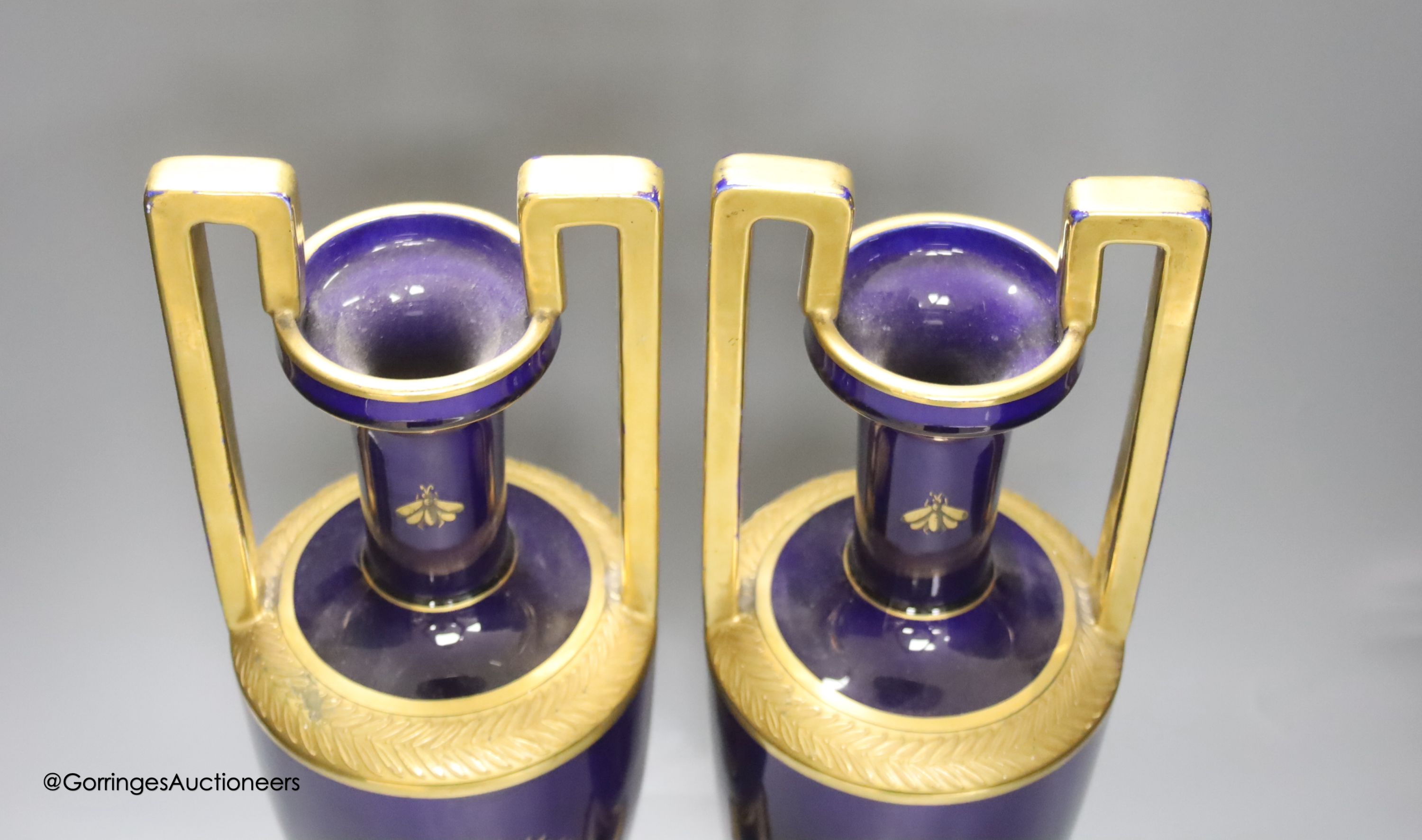 A pair of French gilt blue porcelain two handled vases, height 45cm - Image 3 of 4