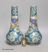 A pair of Japanese Satsuma pottery bottle vases by Taizan Yohei IX, 30cm and a miniature Satsuma