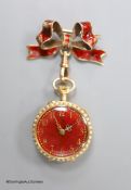 A lady's early 20th century 14k yellow metal, red enamel and seed pearl set fob watch(a.f.), case