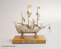 A modern Italian white metal (stamped 925) miniature model of the ship, 'The Golden Hind', (