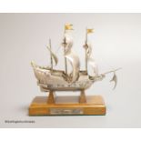 A modern Italian white metal (stamped 925) miniature model of the ship, 'The Golden Hind', (