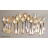 A part canteen of Victorian silver fiddle and thread pattern flatware, comprising thirty items,