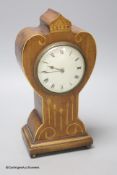 A French Art Nouveau mahogany and marquetry mantel timepiece, height 26cm