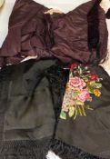 A Victorian black silk jacket and skirt, a child's white lawn dress, a black silk fringed petite