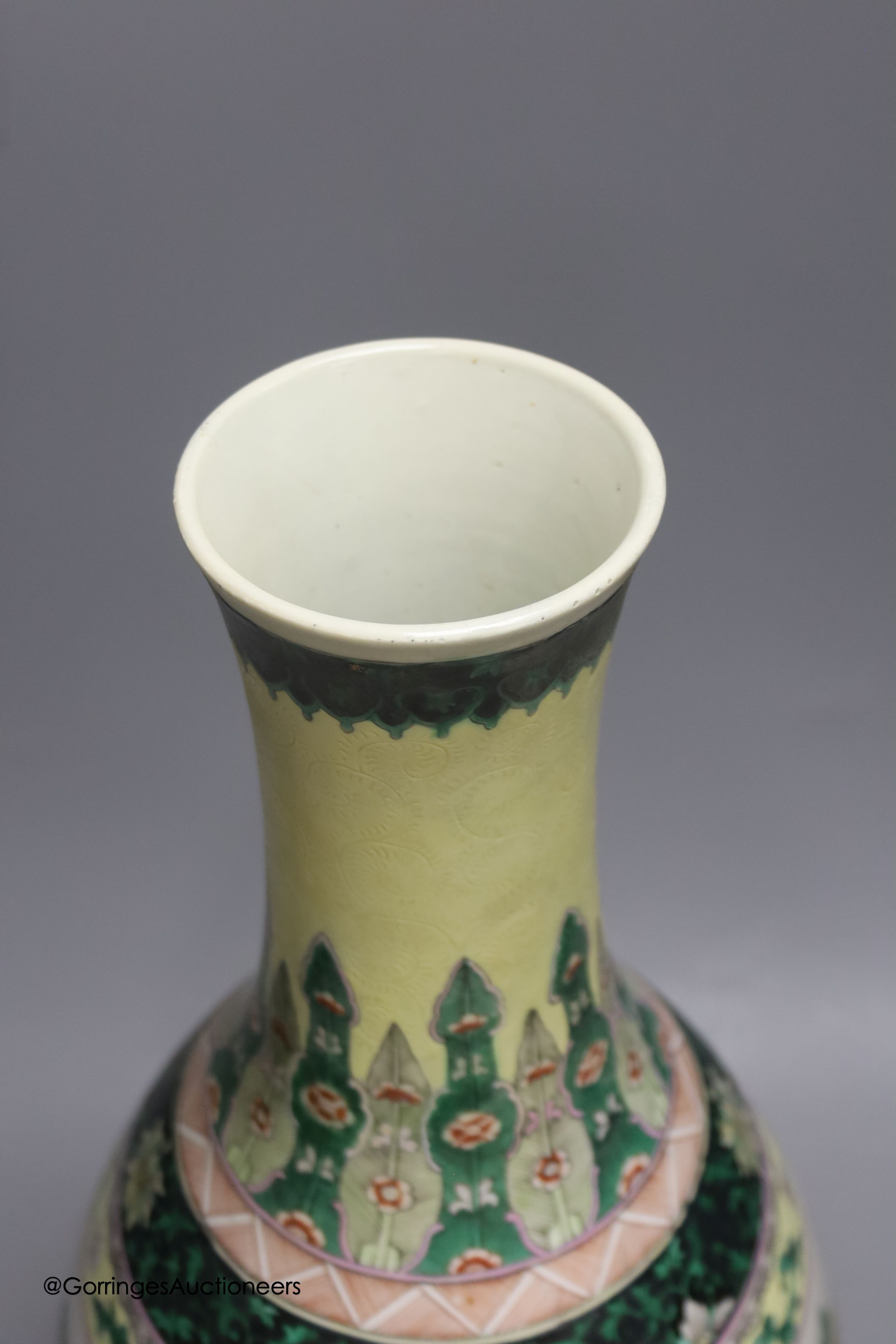 A large 19th century Chinese famille verte yellow ground bottle vase, height 47cm, restorations - Image 3 of 4