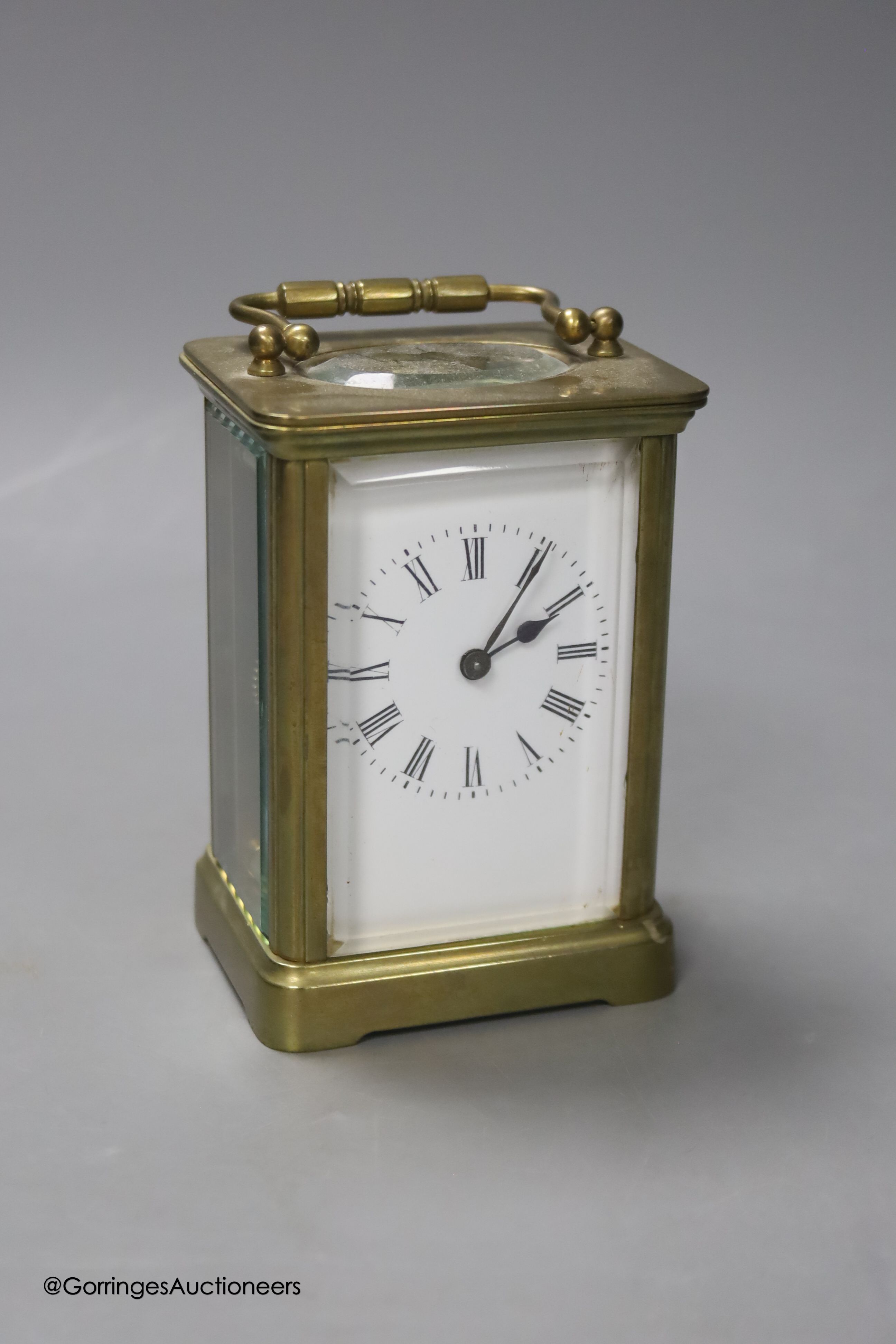 A French gilt brass carriage timepiece, height excluding handle 11cm