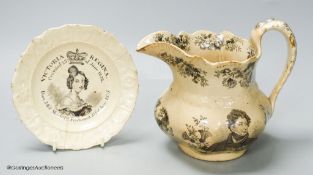 A George IV commemorative jug, height 17cm, and a Queen Victoria coronation plate