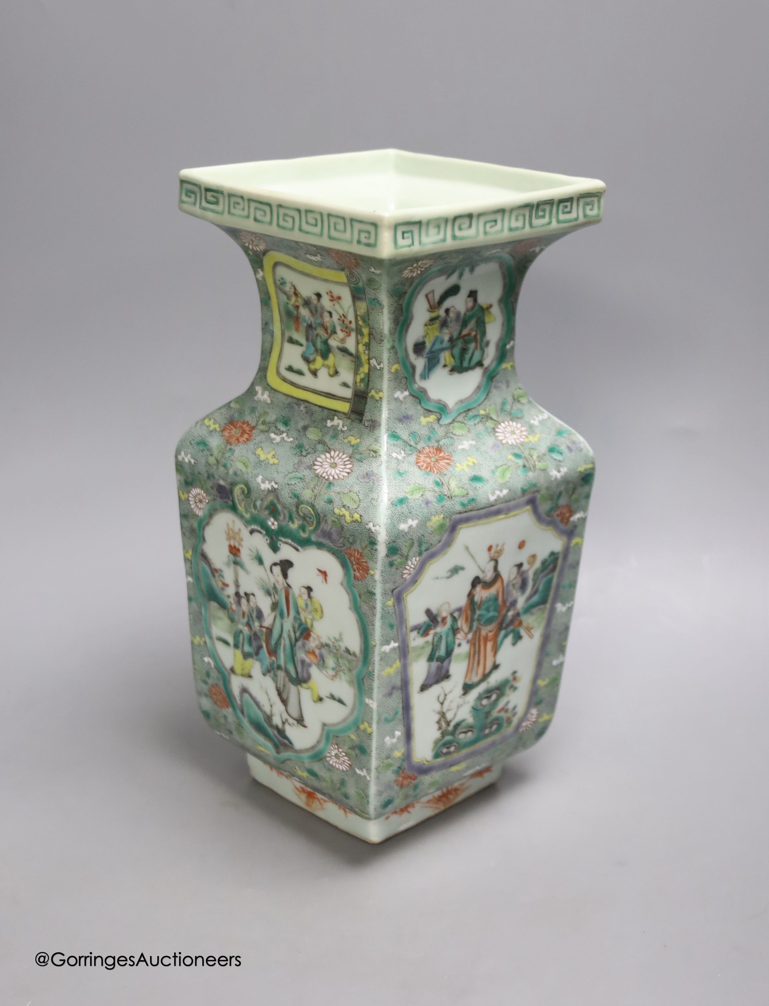 A Chinese famille verte square baluster vase, 19th century, height 32cm, restored neck