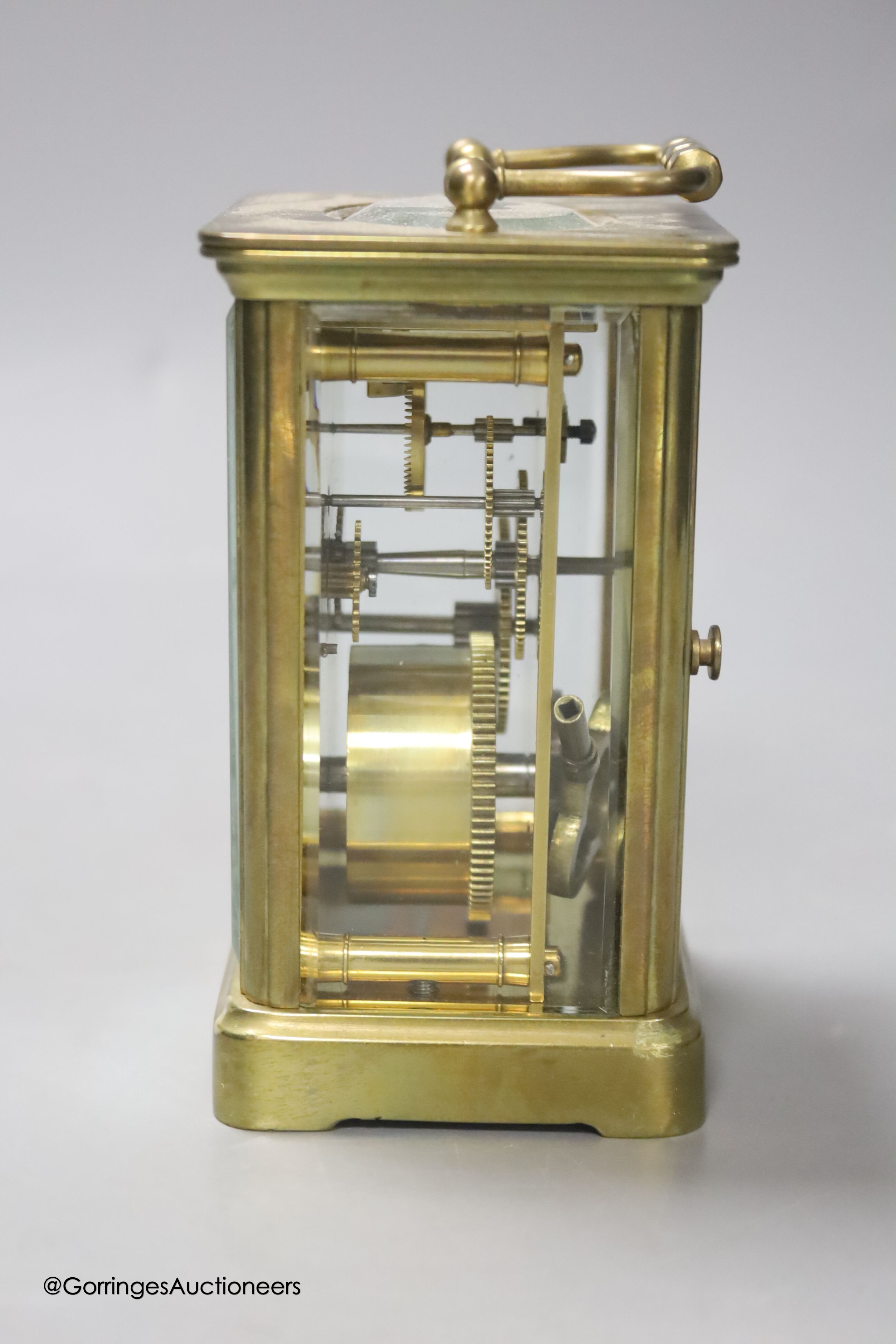 A French gilt brass carriage timepiece, height excluding handle 11cm - Image 2 of 4