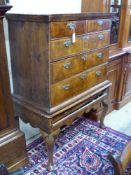 An early 18th century walnut and pine sided chest on stand, width 101cm, depth 58cm, height 138cm