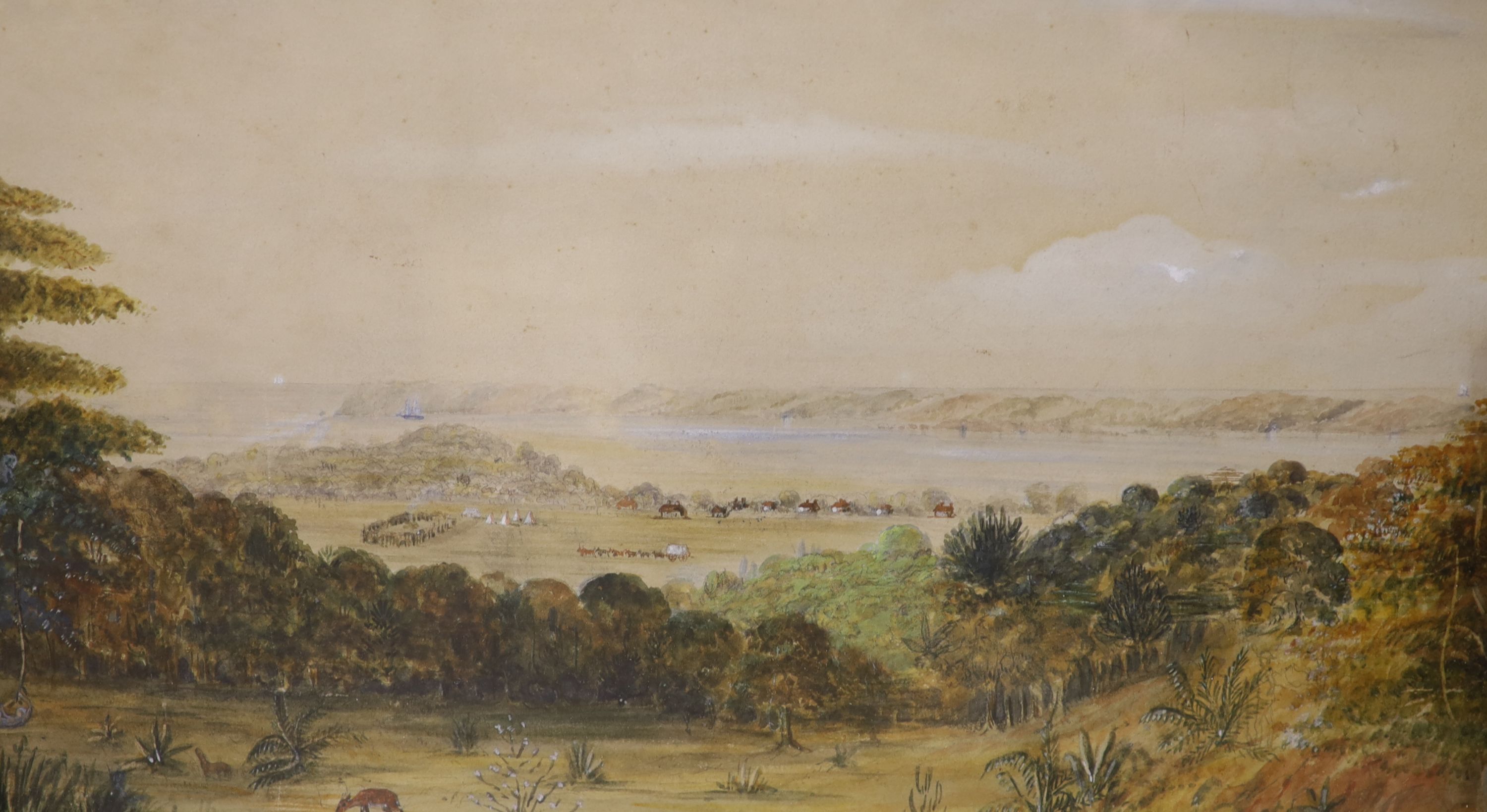 19th century English School, watercolour, 'Natal Bay and Durban from the Berea 1849', 23 x 47cm, - Image 3 of 4