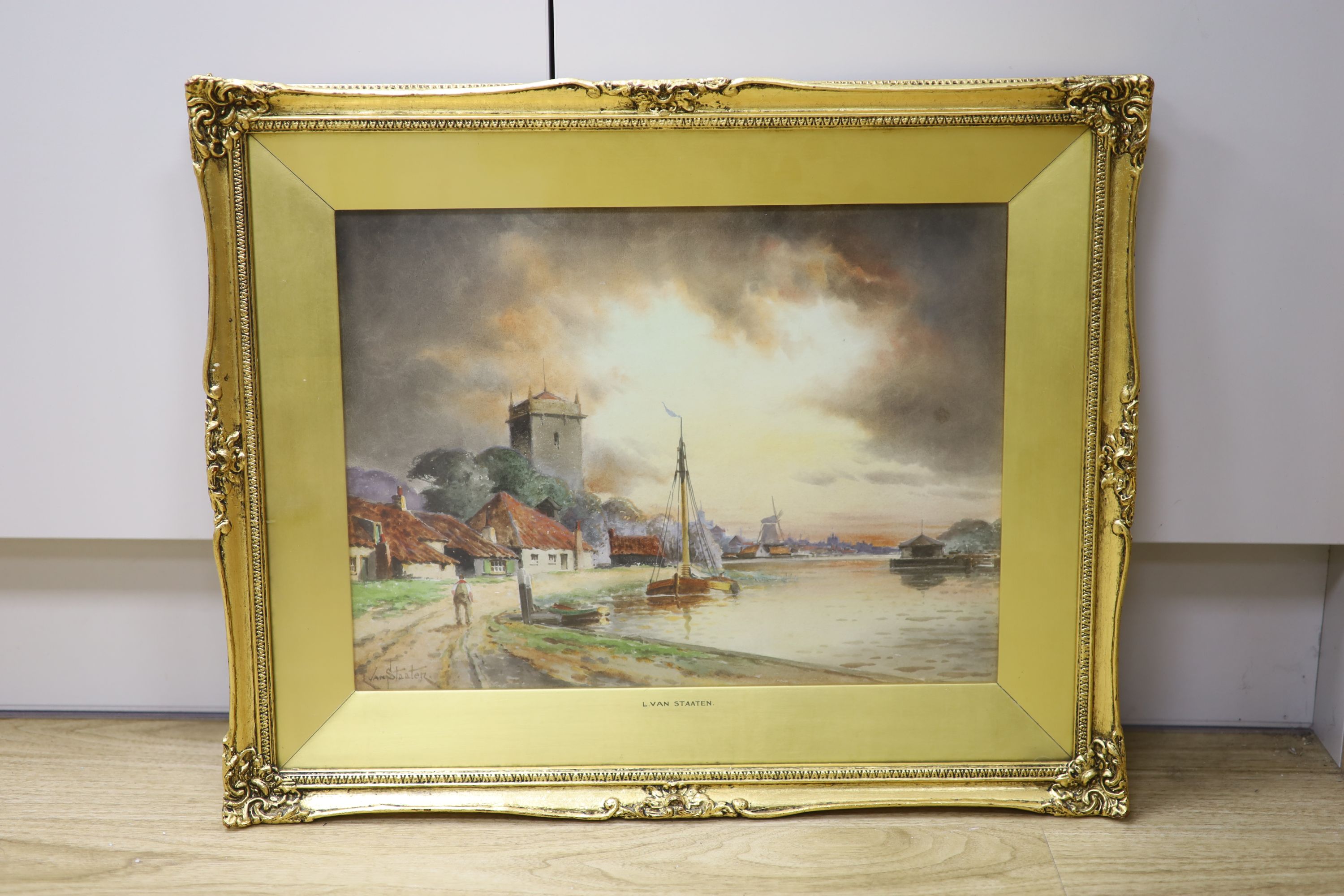 Louise Van Staten, watercolour, Estuary scene with church and windmills, signed, 29 x 39cm - Image 2 of 4