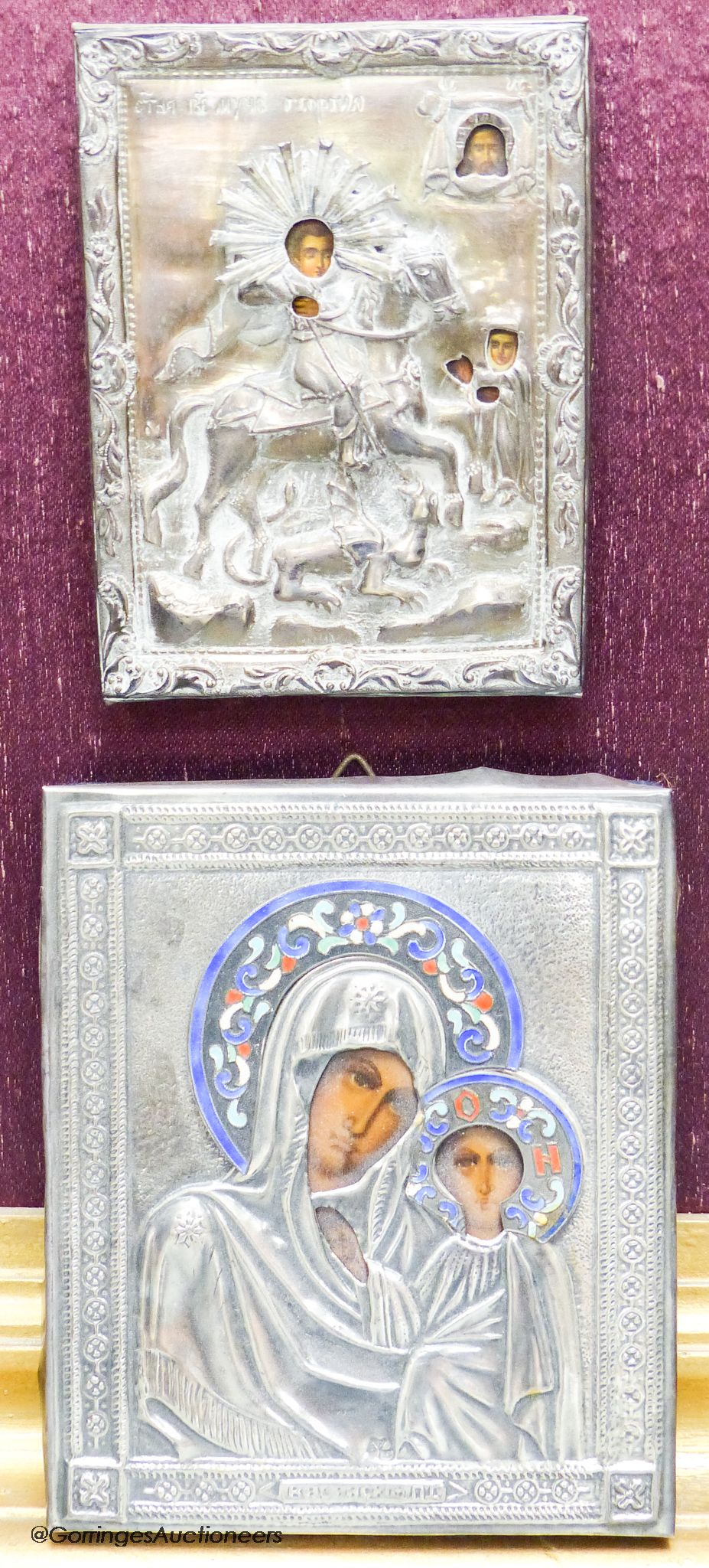 A Greek and Russian icon, largest 13 x 11cm, with white metal oklads - Image 2 of 2