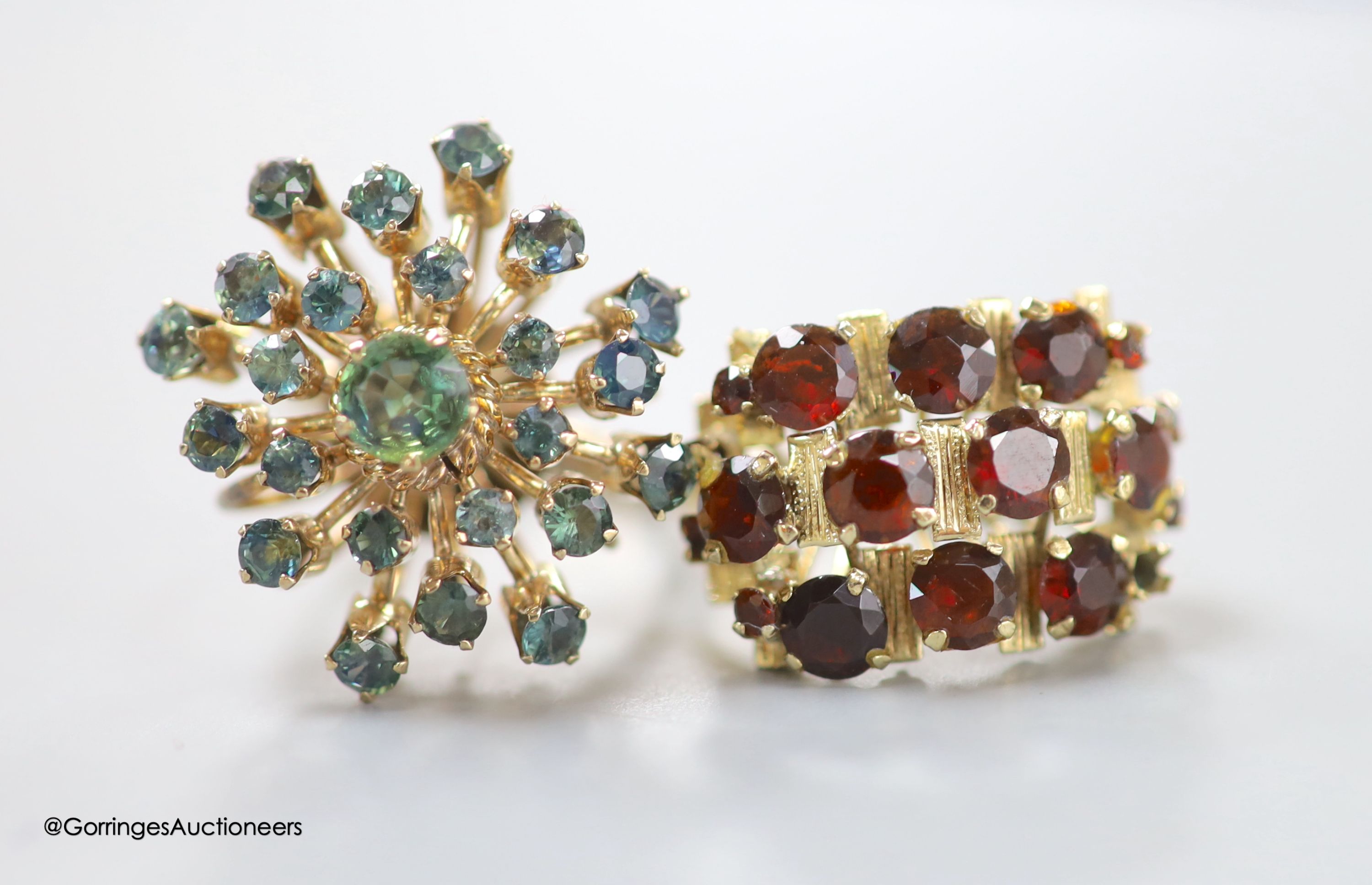 Two modern 14k and gem set cluster dress rings, including garnet, sizes K/L & M, gross 11.2 grams.