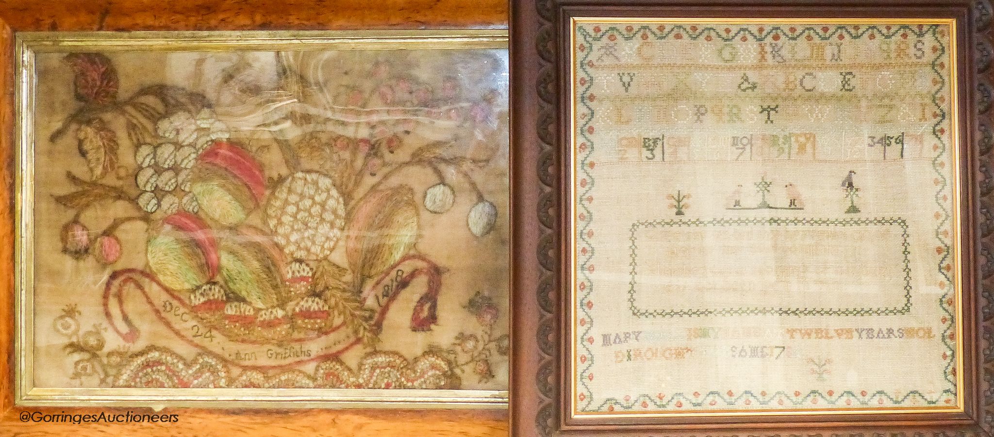 A George IV woolwork embroidered panel, by Ann Griffiths, dated 1818 and a George III needlework