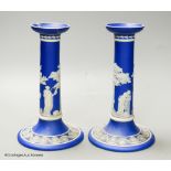 A pair of 19th century Wedgwood blue jasper candlesticks, height 20cm (a.f.)