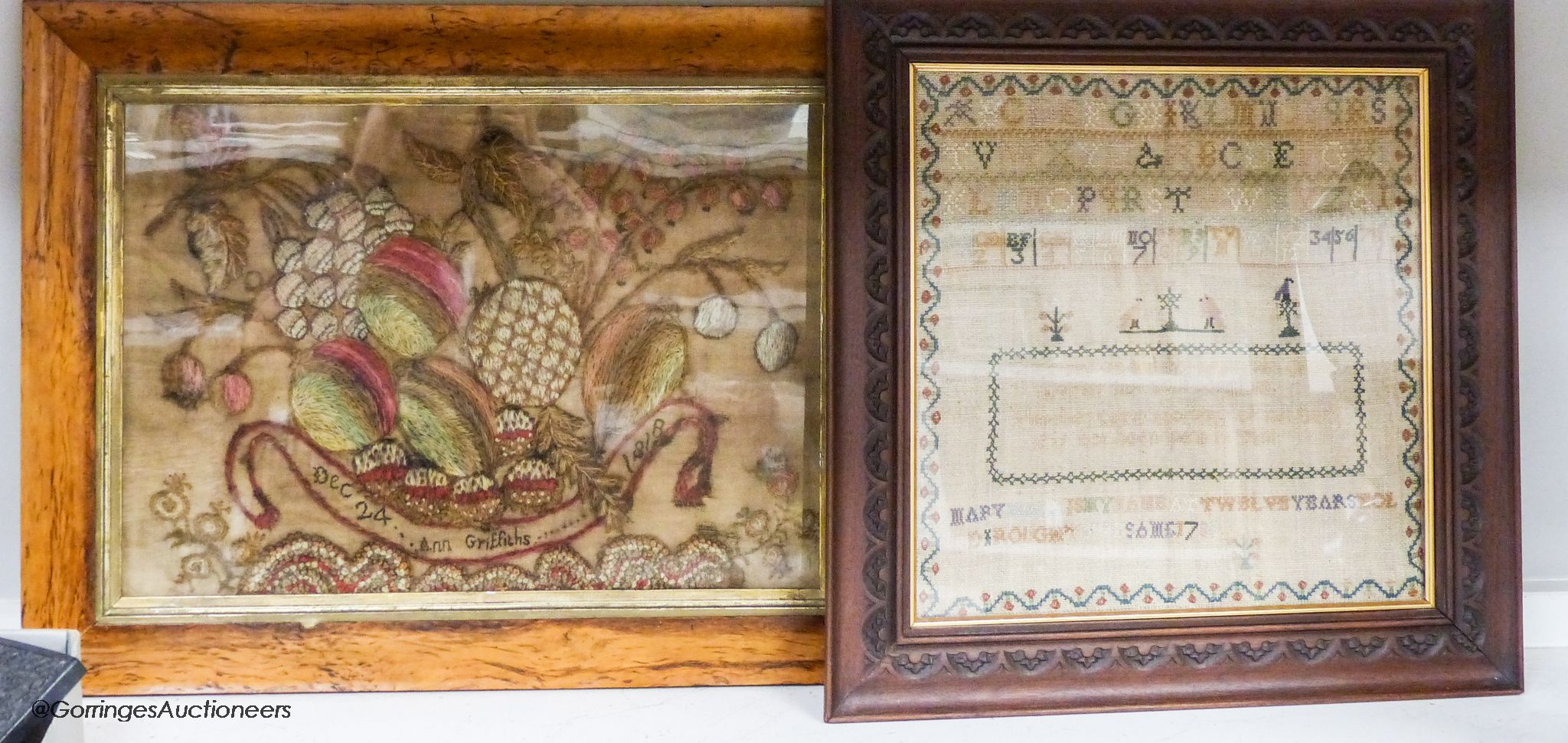 A George IV woolwork embroidered panel, by Ann Griffiths, dated 1818 and a George III needlework - Image 2 of 6