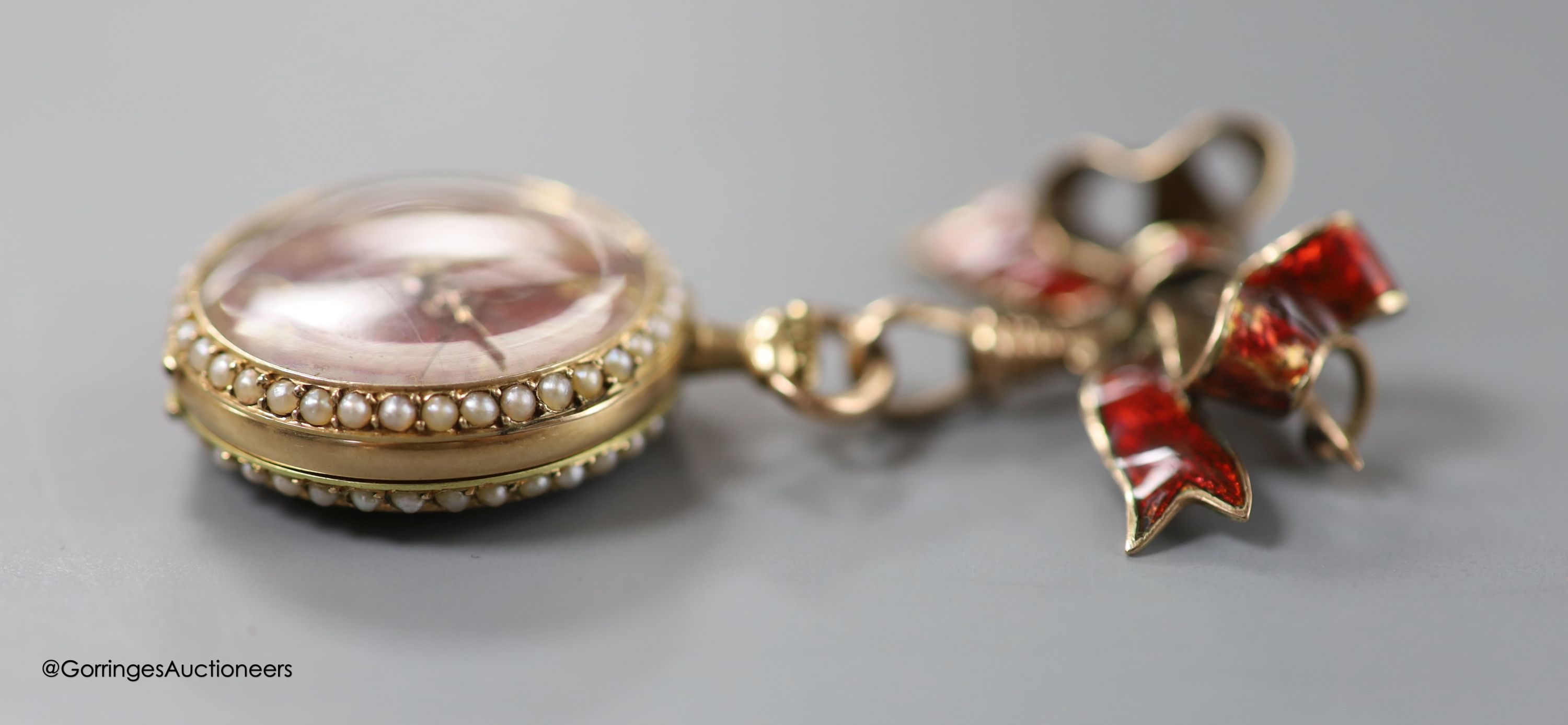 A lady's early 20th century 14k yellow metal, red enamel and seed pearl set fob watch(a.f.), case - Image 3 of 4