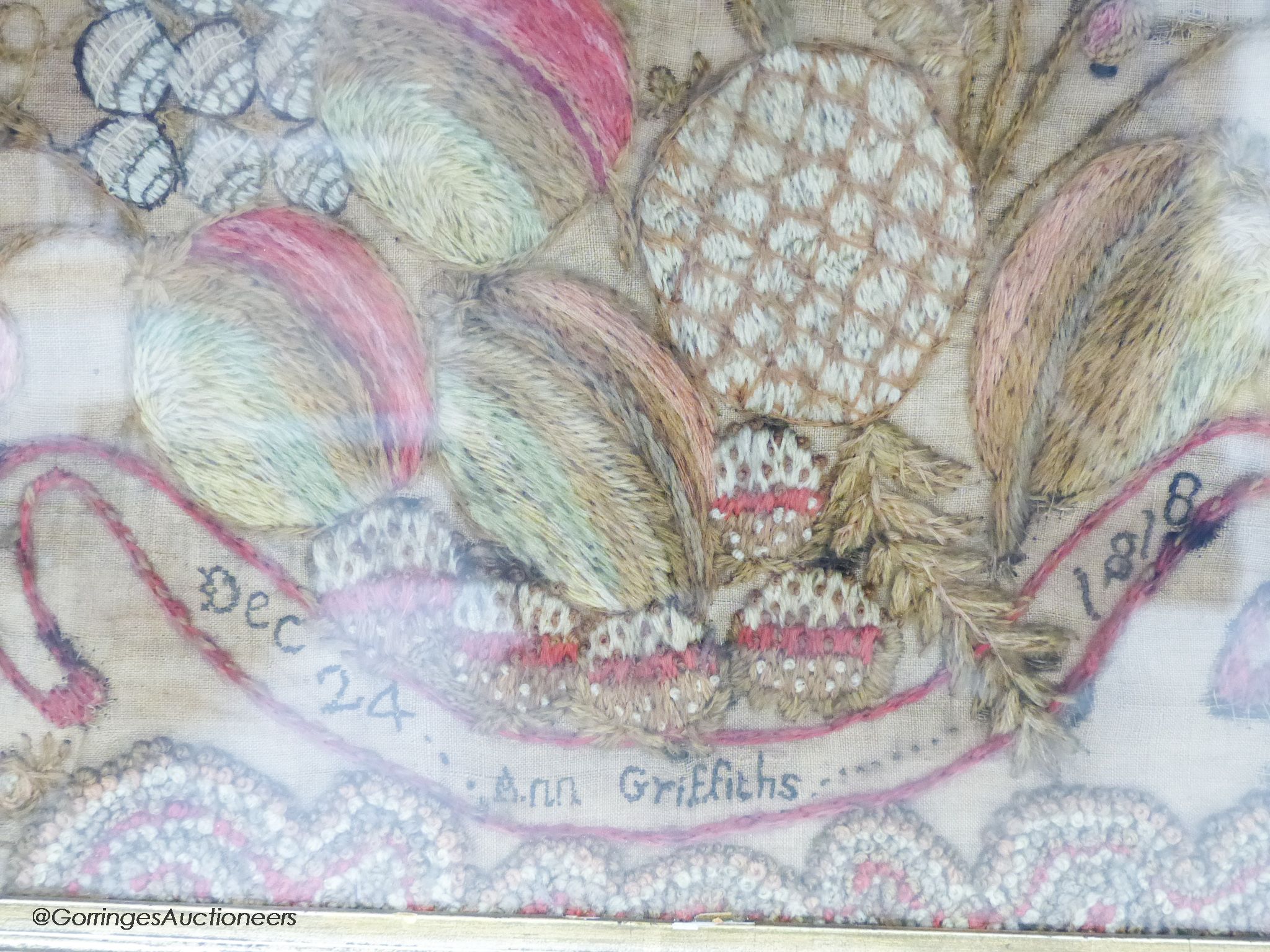 A George IV woolwork embroidered panel, by Ann Griffiths, dated 1818 and a George III needlework - Image 4 of 6