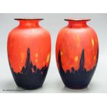 A pair of modern red and black art glass vases, height 23cm