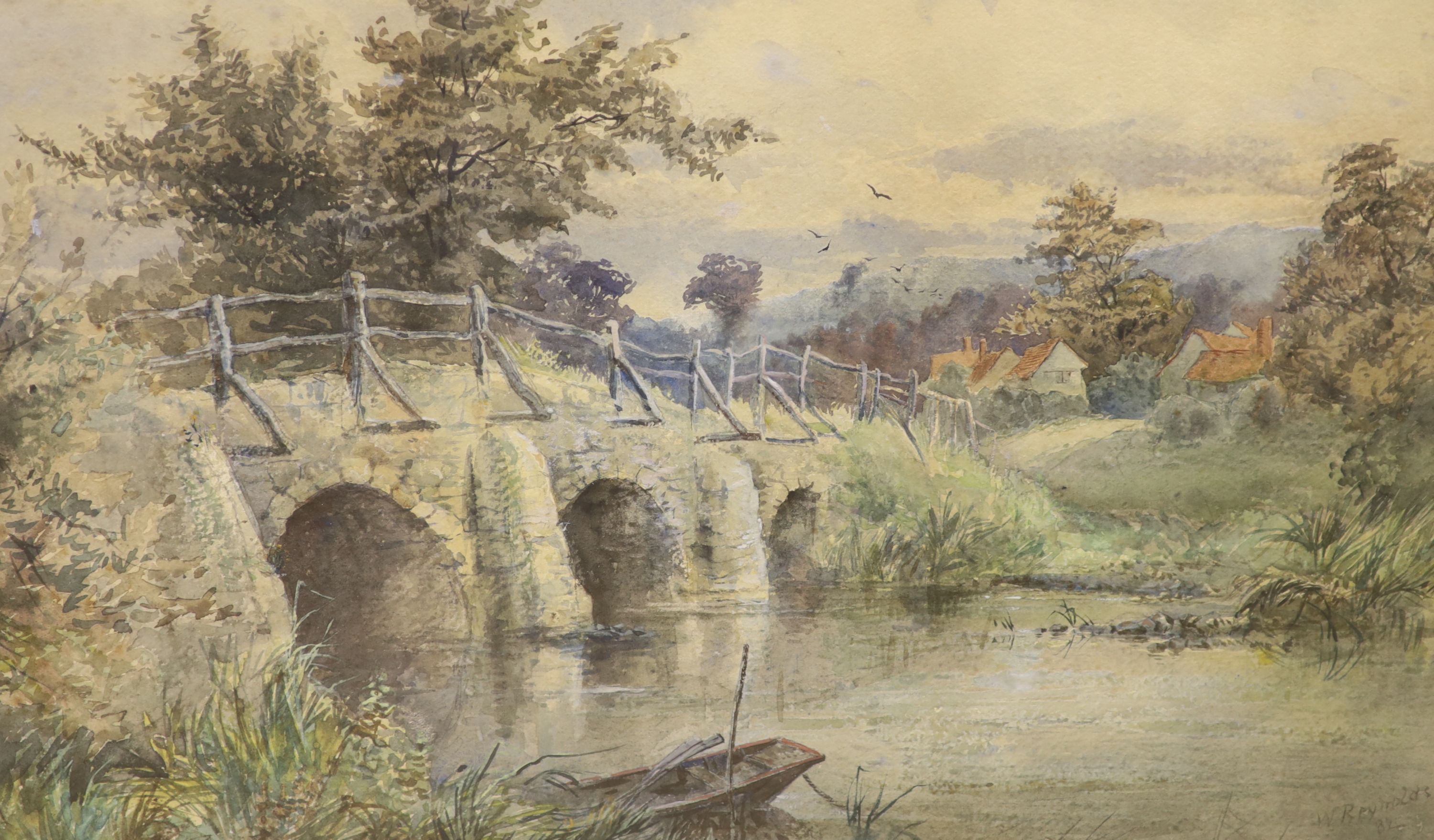 W. Reynolds (19th C.), pair of watercolours, Shepherd and flock on a lane and Stone bridge, signed - Image 3 of 3