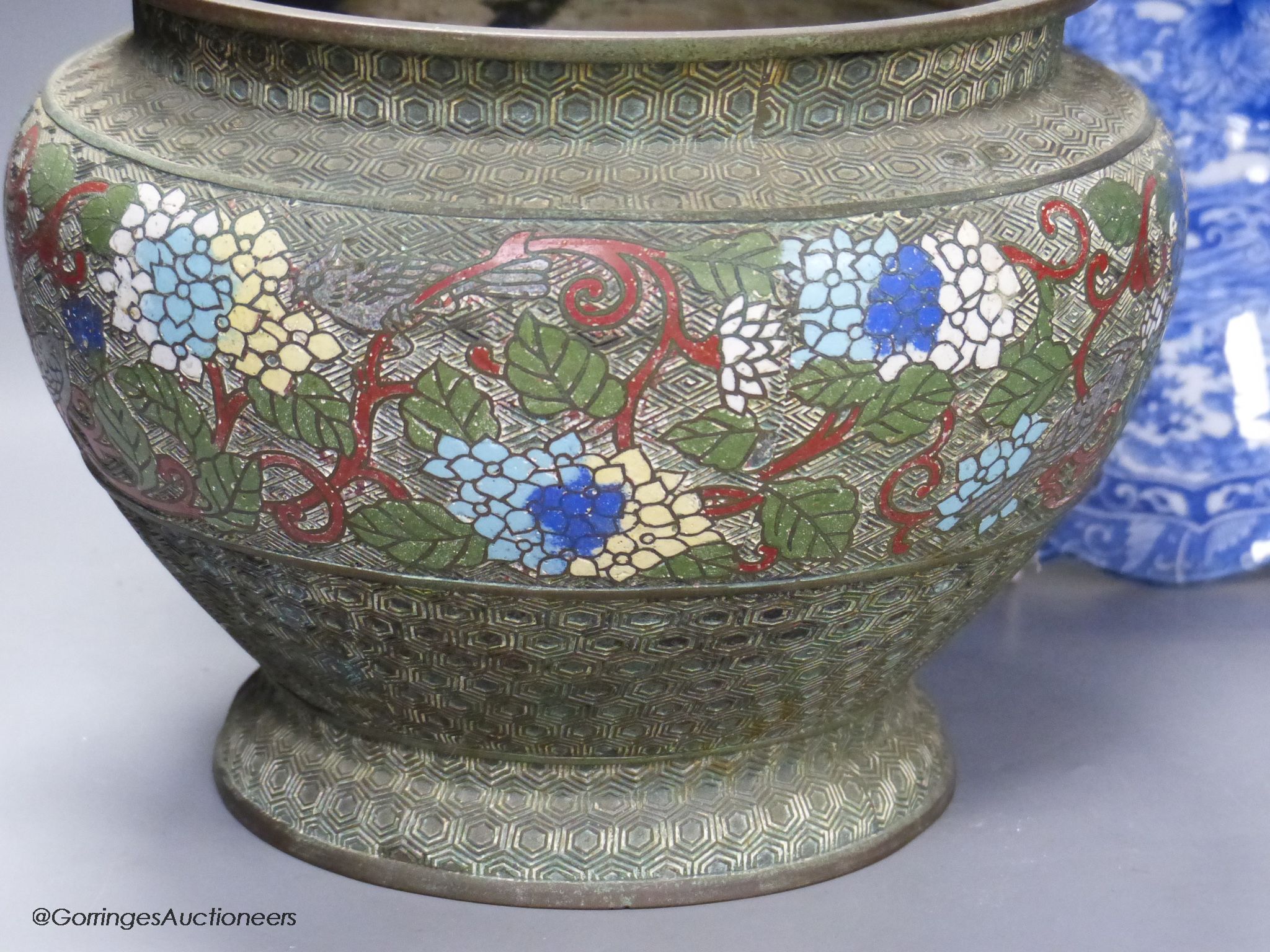 A Japanese blue and white charger, diameter 46cm, and a champleve enamel jardiniere - Image 2 of 3