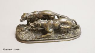 After P. J. Mene, a small bronze model of two gun dogs,on naturalistic oval plinth base,Width 13.