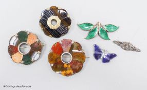 Two sterling and enamel brooches, including butterfly, 37mm, one other white metal brooch and three