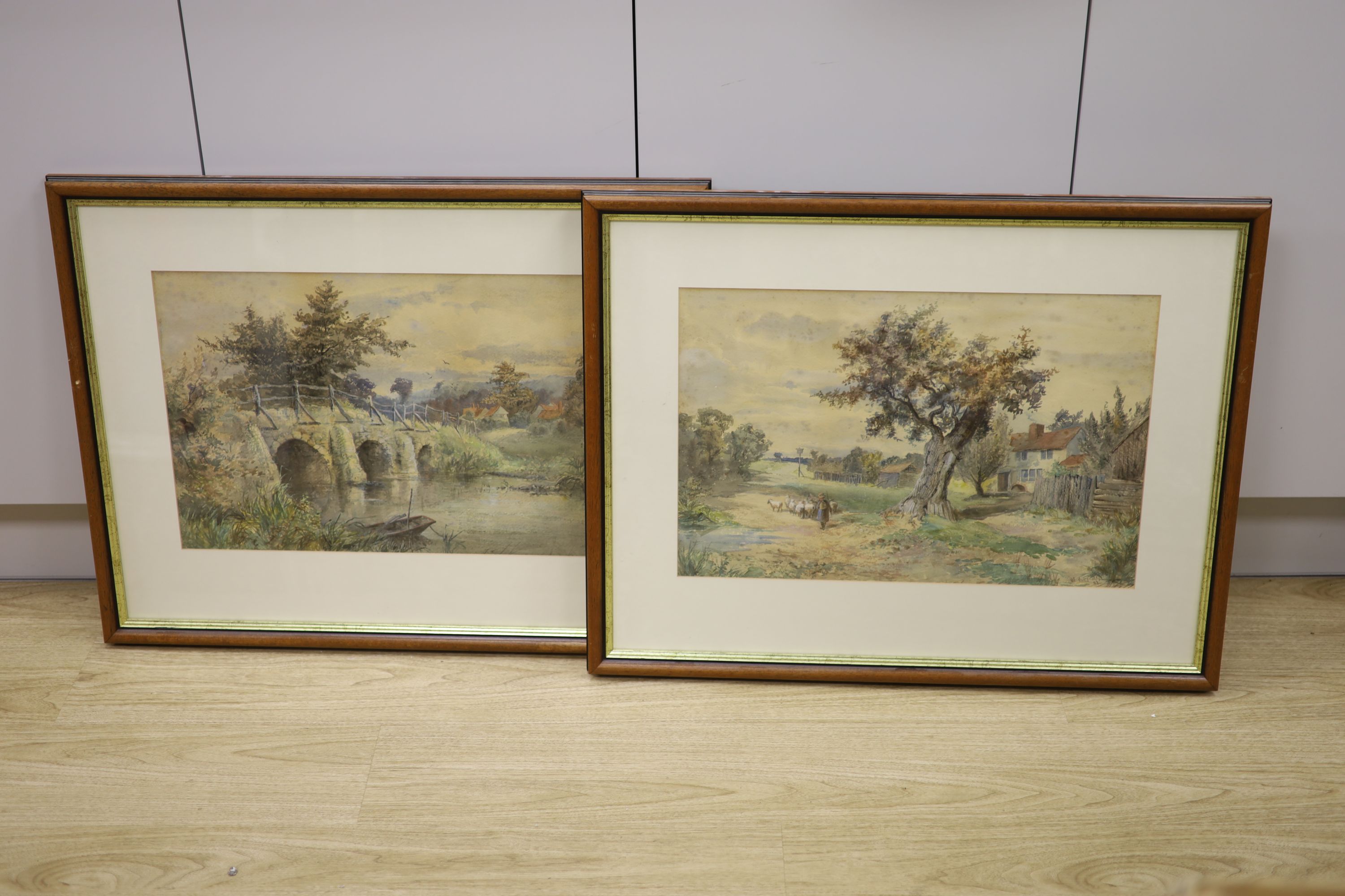 W. Reynolds (19th C.), pair of watercolours, Shepherd and flock on a lane and Stone bridge, signed