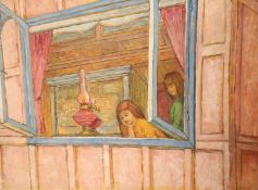 Robin Mackertich (1921-1993), oil on board, Girls looking out of a window, signed, 66 x 89cm,
