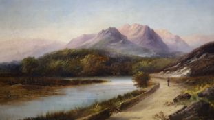 H. Masser (19th C.), oil on canvas, Mountain landscape with figure overlooking a river, signed, 37