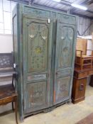 An 18th / early 19th century French later painted armoire, length 140cm, depth 50cm, height 227cm