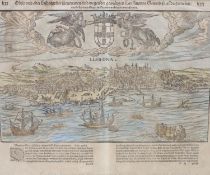 A 1550 coloured engraving View of Lisbon, 30 x 37cm, text in German