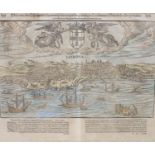 A 1550 coloured engraving View of Lisbon, 30 x 37cm, text in German
