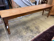 A Victorian style narrow oak rectangular refectory or serving table, length 267cm, width 61cm,