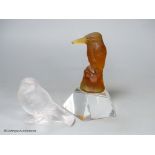 An R. Lalique France frosted glass robin, together with a Czechoslovakian glass amber glass