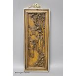 A Chinese figural composition panel, height 36cm width 12cm excluding frame