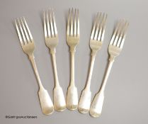 A set of five matched Victorian silver fiddle pattern table forks,13oz.