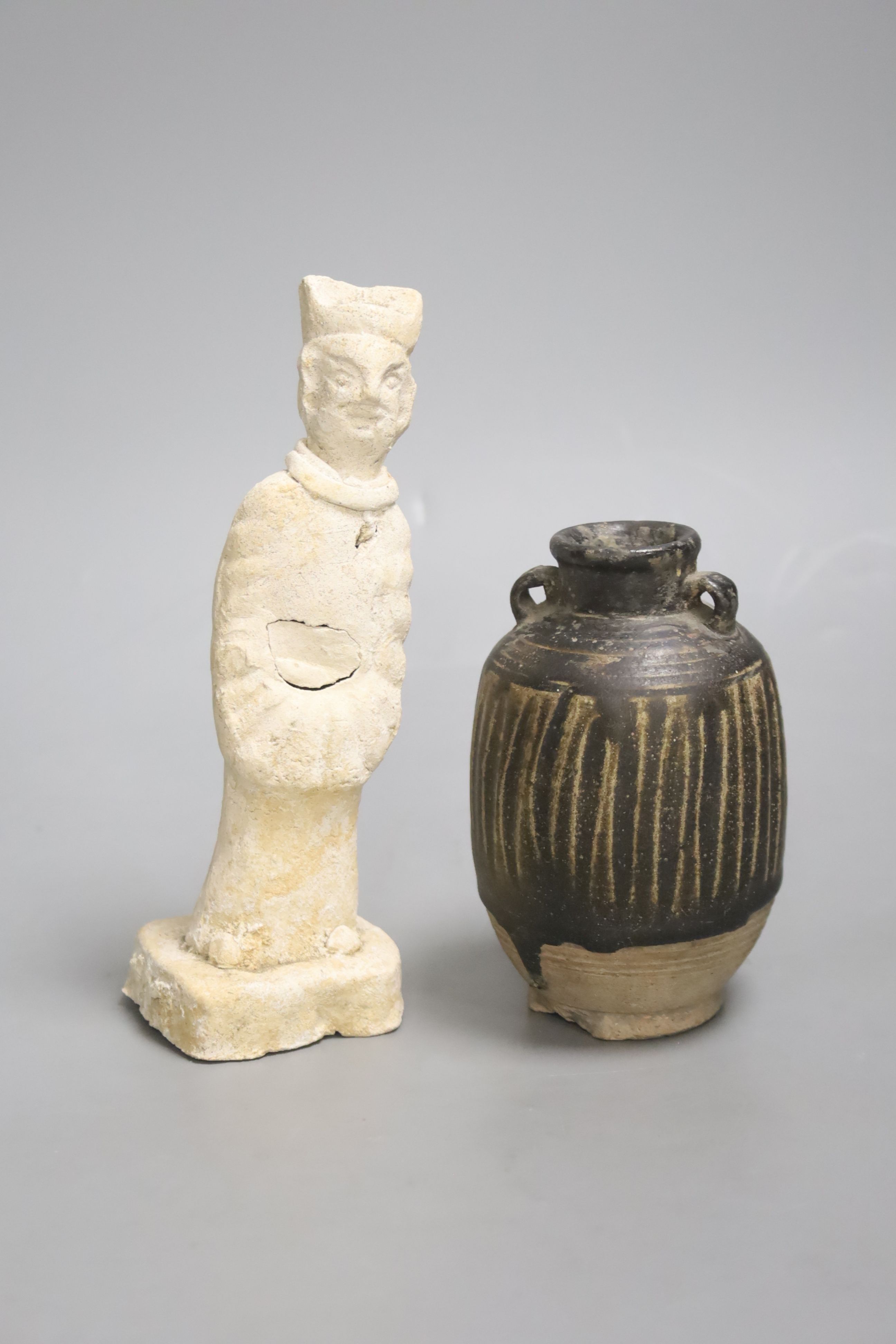 A Thai Sawankhalok jarlet and a Tang pottery figure, height 18cm - Image 2 of 5