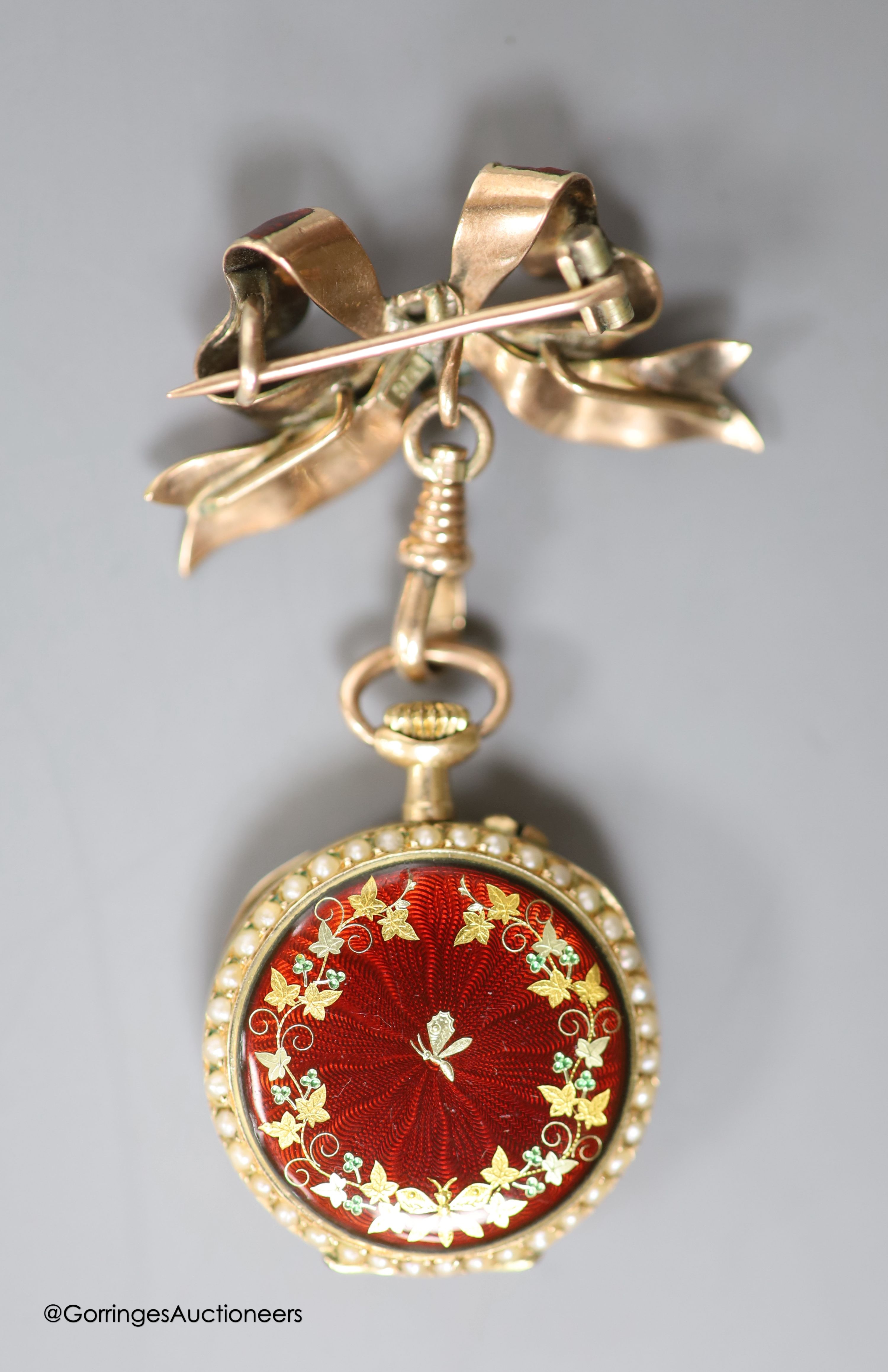 A lady's early 20th century 14k yellow metal, red enamel and seed pearl set fob watch(a.f.), case - Image 4 of 4