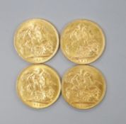 Four George V gold sovereigns, 1911, 1913, 1915 and 1918