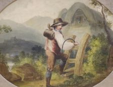 Victorian School, watercolour, Harvester crossing a stile, 26 x 34cm