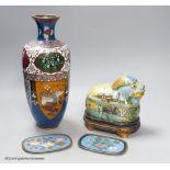 A Japanese cloisonne enamel vase, two similar dishes and a 20th century Chinese cloisonne enamel