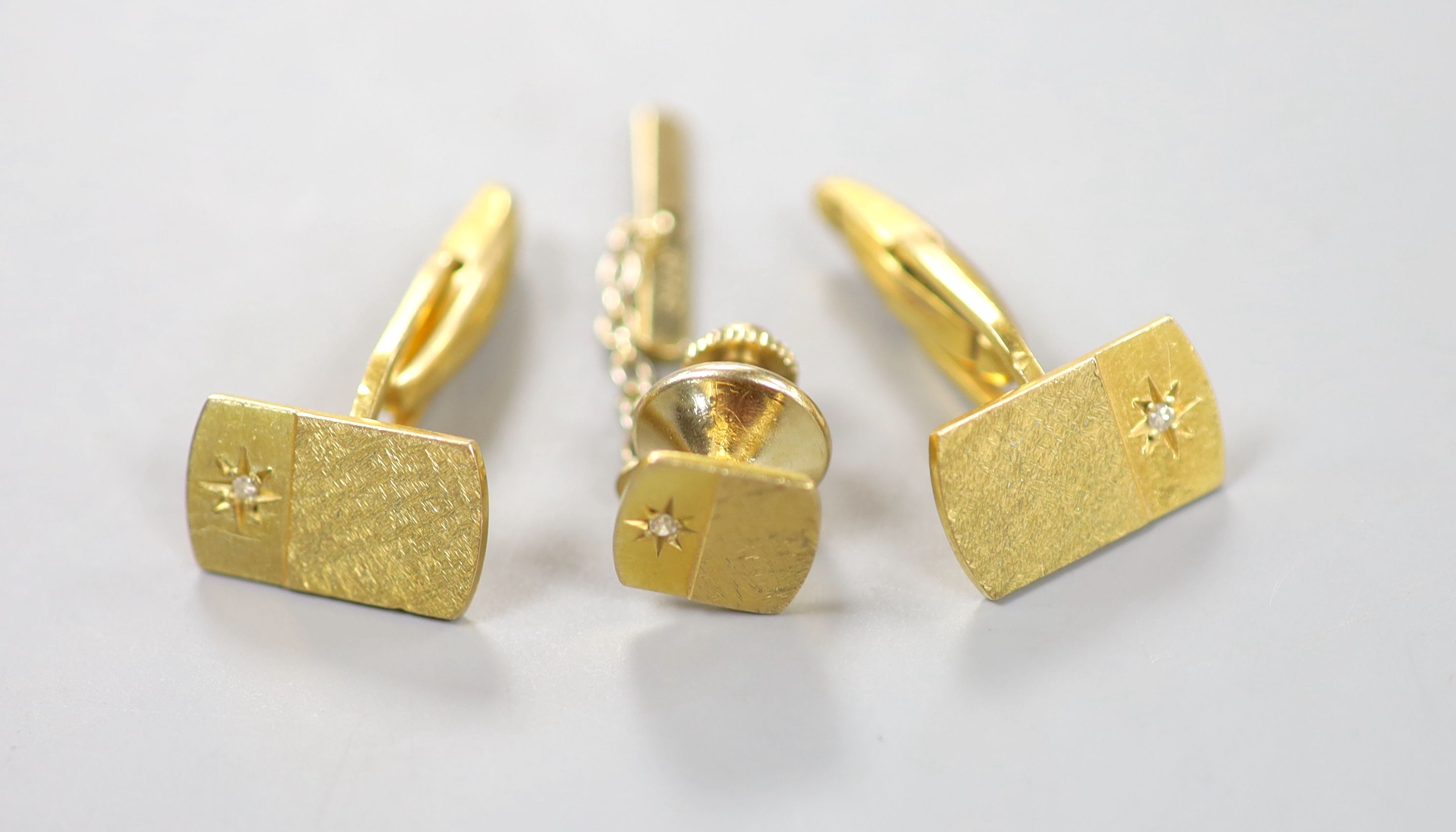 A pair of 9ct yellow gold and diamond-set cufflinks and a matching tie pin, gross 10.4g