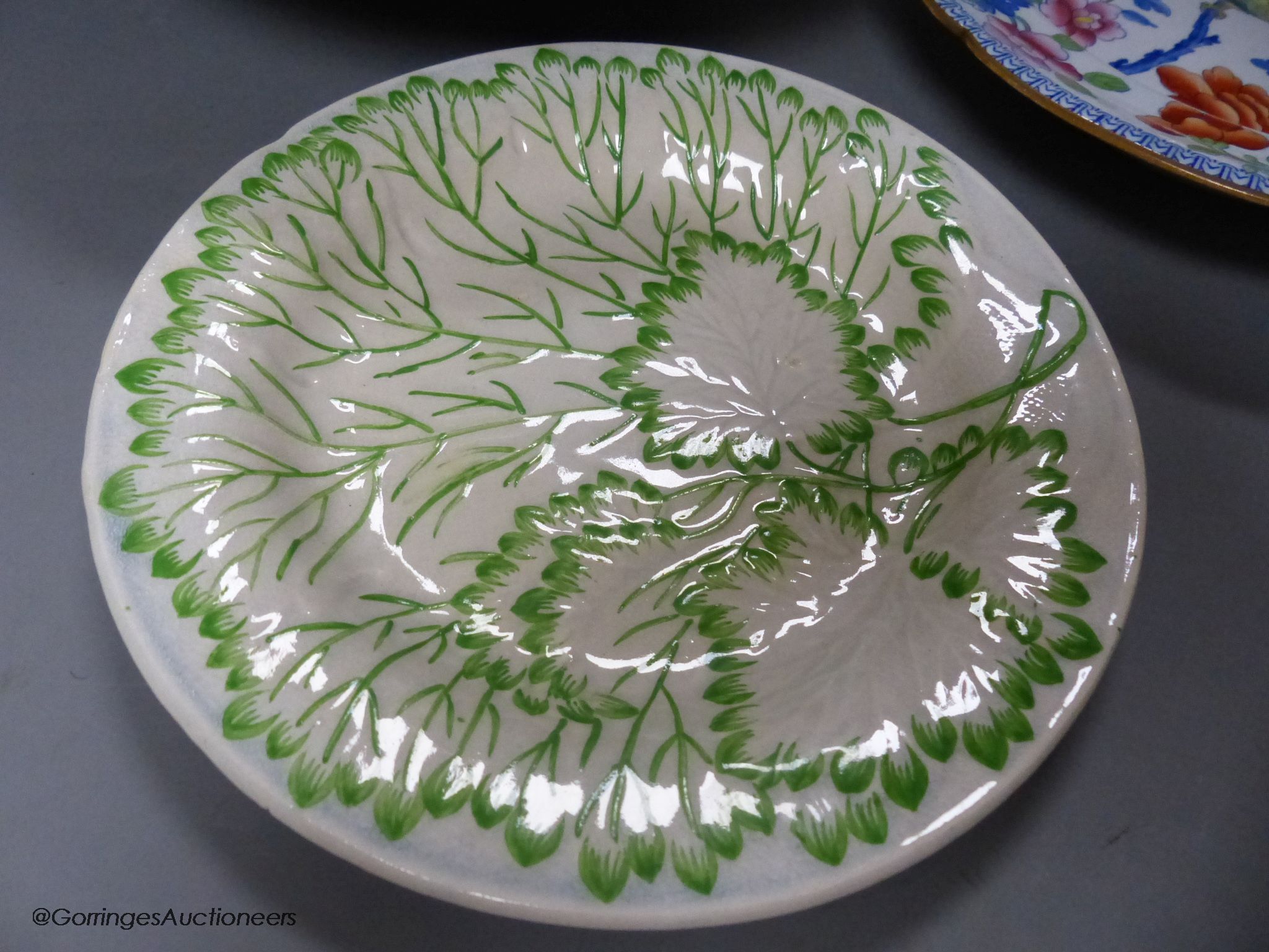A Moroccan terracotta dish, an Ironstone dish, a green and white leaf dish, largest 30cm - Image 5 of 9