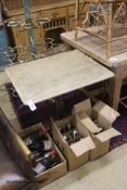 An Art Deco cast iron and oak rectangular centre table, width 75cm, depth 60cm, height 76cm