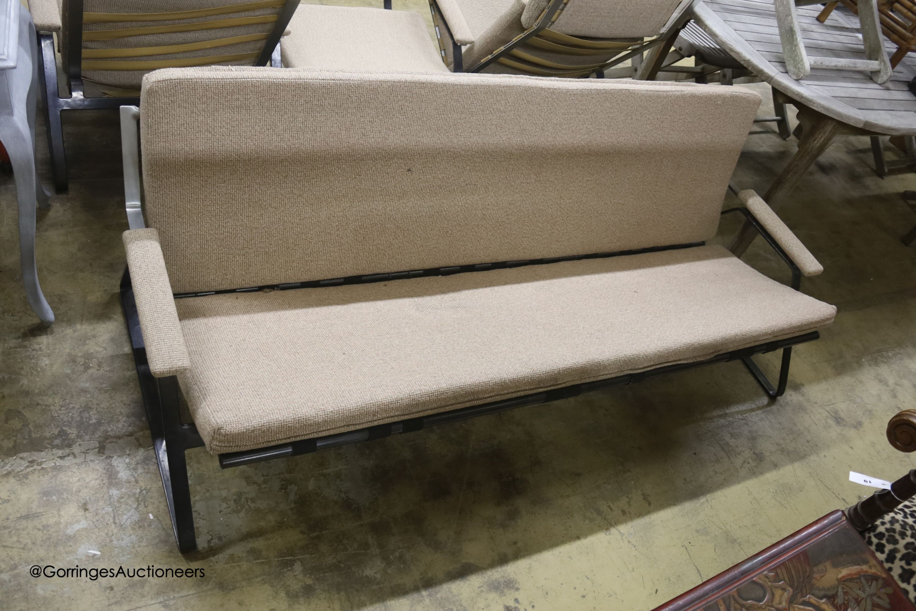 A mid century design wrought metal four piece lounge suite, comprising sofa, length 180cm, chair, - Image 2 of 2