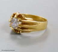 A modern 18ct gold and claw set solitaire diamond ring, size T, gross weight 9.2 grams,the stone