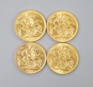 Four George V gold sovereigns, 1913, 1917, 1918 and 1921