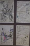 German School, pen and ink, Four page letter with anthropomorphic figures, inscribed 'To Tom', each